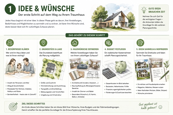 Bauzeichnungen mit der Hausidee und den Wohnträumen