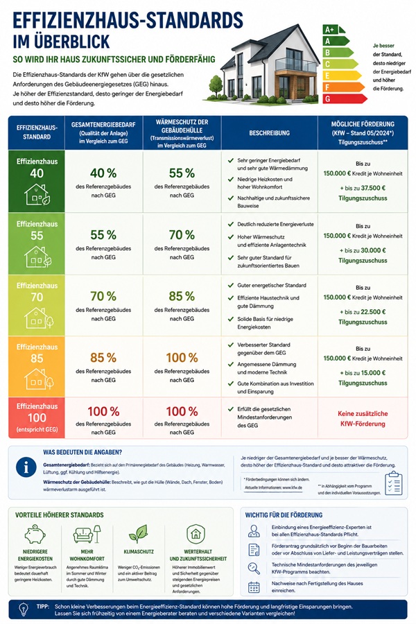Infografik über die verschiedenen Effizienzhaus-Standards