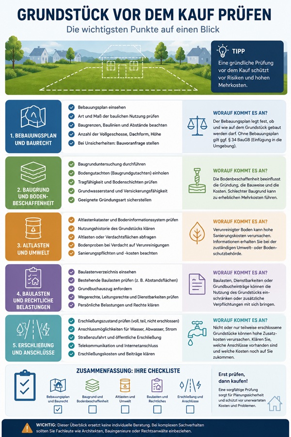 Infografik zur Prüfung eines Baugrundstücks vor dem Kauf mit Bebauungsplan, Baugrund, Altlasten, Baulasten und Erschließung