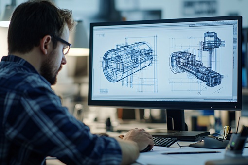 Ein Softwareentwickler arbeitet an detaillierten Bauplänen für Industriesoftware 