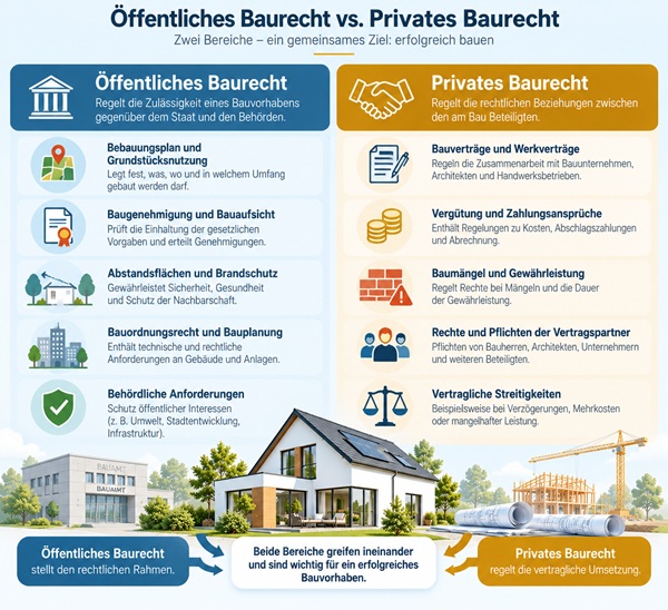 Infografik zum Unterschied zwischen öffentlichem und privatem Baurecht: Bauvorschriften, Baugenehmigung und Bauplanung im Vergleich zu Bauverträgen, Baumängeln und Gewährleistung