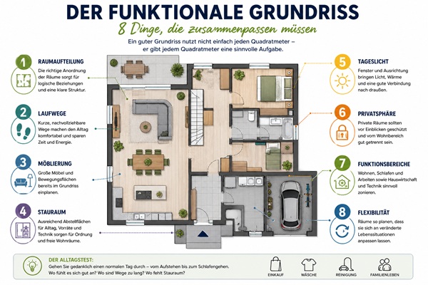 Infografik mit acht Kriterien für einen funktionalen Hausgrundriss