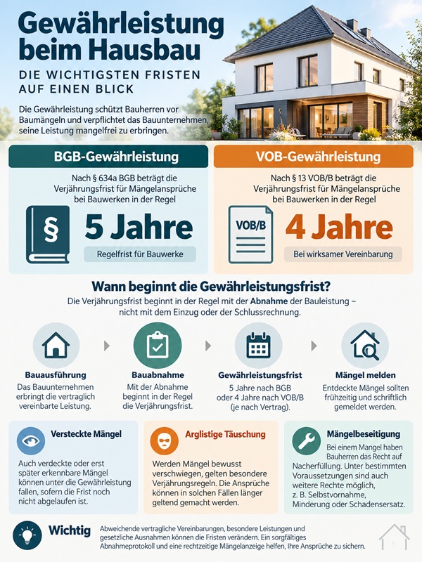 Gewährleistung beim Hausbau: Vergleich der Verjährungsfristen nach BGB und VOB mit Hinweisen zur Bauabnahme und Mängelbeseitigung
