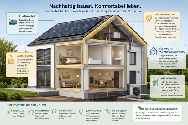 Wärmedämmung, Wärmepumpe und Photovoltaik als Energiekonzept für den Neubau