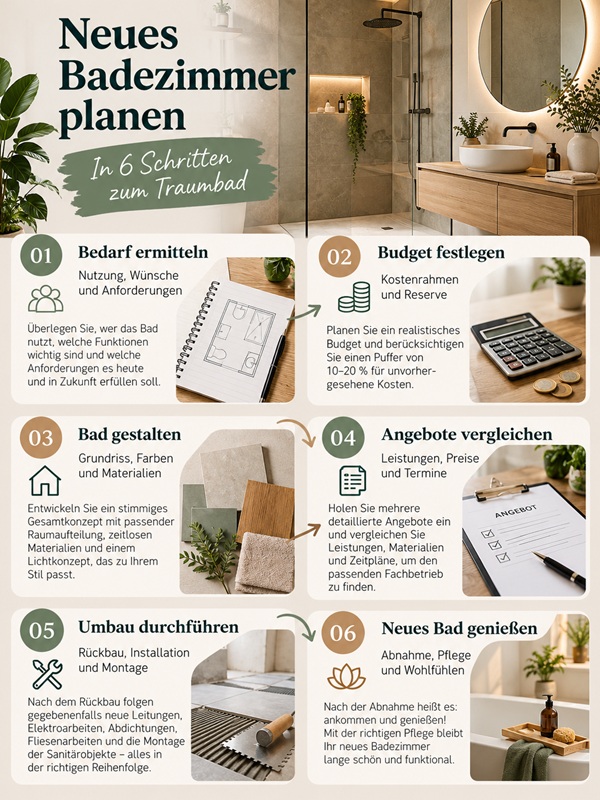 Infografik mit sechs Schritten zur Planung eines neuen Badezimmers – von der Bedarfsermittlung über Kosten und Badumbau bis zur Fertigstellung