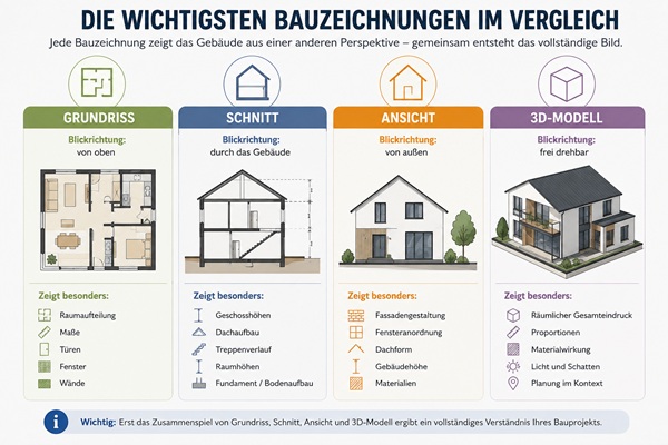 Diese verschiedenen Bauzeichnungen gibt es