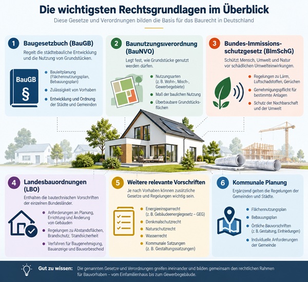 Infografik zu den wichtigsten Rechtsgrundlagen im Baurecht: Baugesetzbuch (BauGB), Baunutzungsverordnung (BauNVO), Landesbauordnungen, Bundes-Immissionsschutzgesetz und kommunale Bauvorschriften