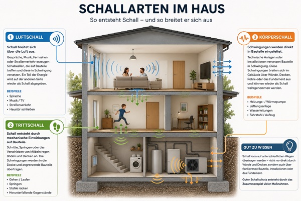 Luftschall, Trittschall und Körperschall beim Hausbau erklärt