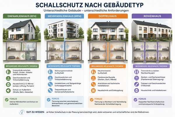 Schallschutz bei Einfamilienhaus, Doppelhaus, Reihenhaus und Mehrfamilienhaus