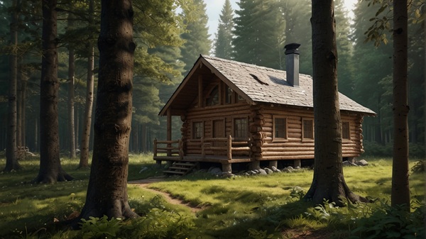 Kanadisches Blockhaus mit massiven Rundstämmen in Naturumgebung