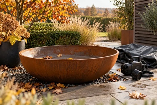 Wasserschale aus Stahl im Herbst: Pumpe ausgebaut, Abdeckung liegt bereit  