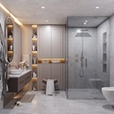 Elegantes modernes Bad mit Glasdusche, Waschtisch und stimmungsvollem Licht